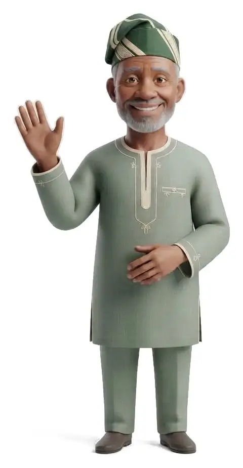 An older Nigerian man in a green kaftan and fila, smiling and waving hello
