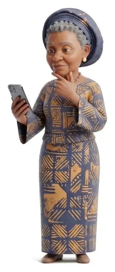 An older Nigerian woman in an indigo and gold adire outfit and gele, looking at her phone, thinking carefully